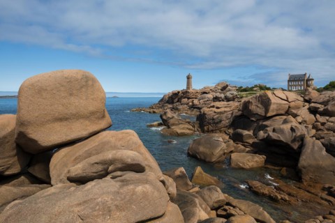 Lighthouse and granite rock, Phare de Ploumanac'h, Phare de Mean Ruz, Cote de Granit Rose,