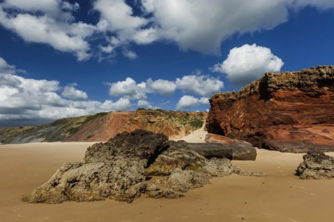 Algarve beach, wide, red rock, rocky coast, nobody, clear, blue sky, cloud, summer holiday, beach
