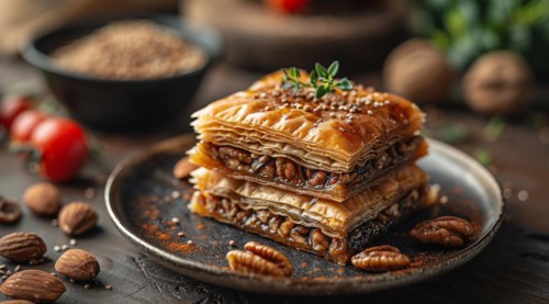 Sumptuous layered baklava with nuts and syrup on a dark plate, ai generated, AI generated