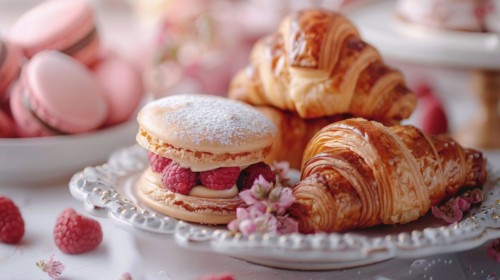 Elegant dessert plate with pastel macarons, flaky croissants, fresh raspberries, and delicate