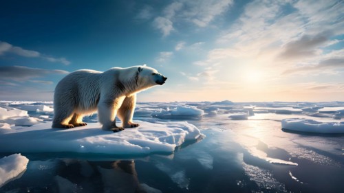 Polar bear navigating a shrinking ice floe glistening searching for solid terrain, AI generated