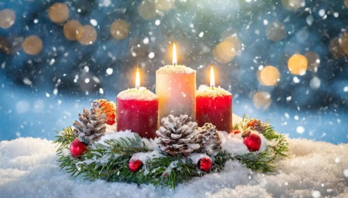 Ai generated, Advent wreath with burning candles, Christmas time, Christmas decoration, 3rd Advent,