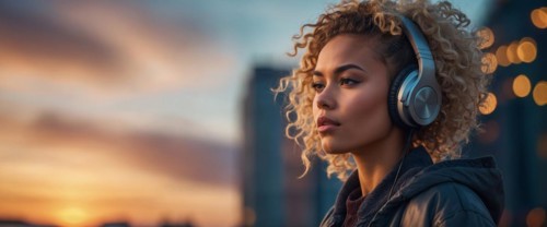 Pensive blonde woman with curly hair and headphones in the soft evening glow of the urban setting,