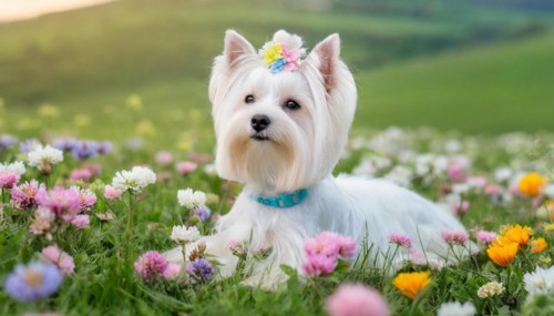 KI generated, A white Yorkshire Terrier lying in a flower meadow, (Canis lupus familiaris)