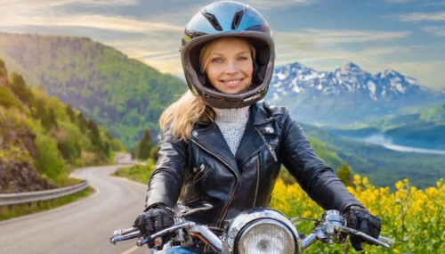 AI generated, An attractive woman rides her motorbike through an autumn landscape