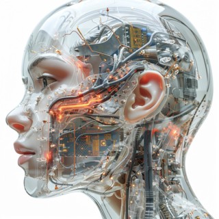 Medical a human head with brain and computer chip, symbol image KI in the human brain, ai