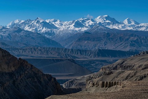 Desert landscape before the Annapurna mountain range, Kingdom of Mustang, Nepal, Asia