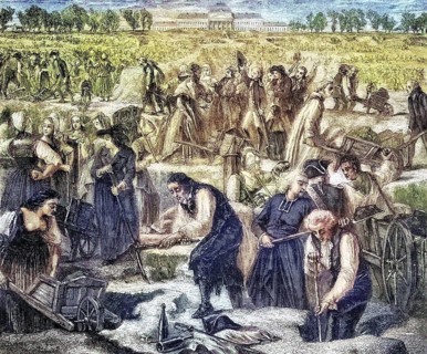 All at work on the Champ de Mars, France, Historical, digitally restored reproduction from a 19th