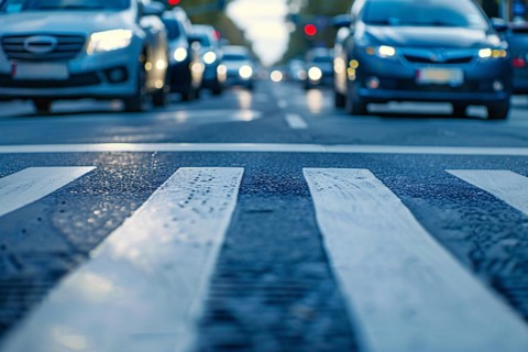 Close up of crosswalk on street with waiting cars in blurry background. KI generiert, generiert AI