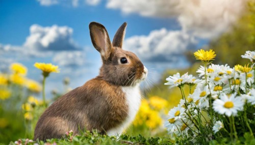 KI generated, A colourful dwarf rabbit in a meadow with white and yellow flowers, spring, side