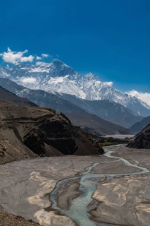 Huge riverbed before the Annapurna mountain range, Kingdom of Mustang, Nepal, Asia