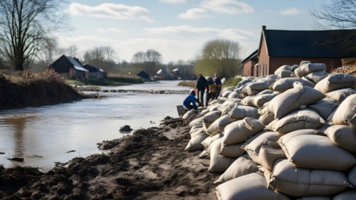 Sandbags piled by volunteers braced against swelling riverbanks, AI generated