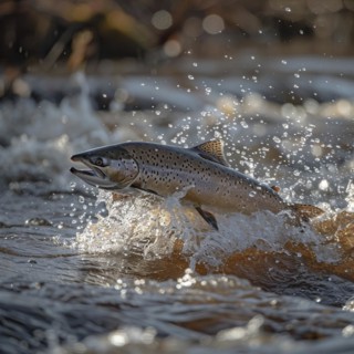 Salmon (Salmo salar) on the migration and swim up a stream in shallow, clear water, ai generiert,