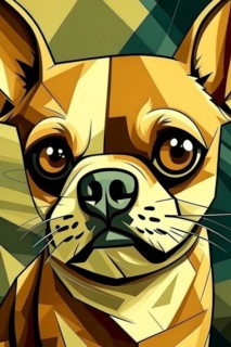 Abstract geometric portrait of a chihuahua in brown and yellow hues, vertical aspect, cubism style,