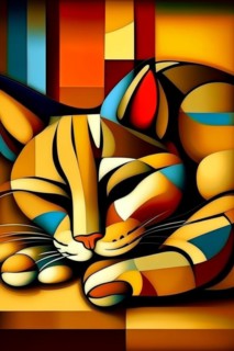 An abstract, cubist-style colorful depiction of a sleeping cat, vertical aspect, AI generated