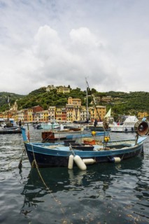 Village with colourful houses and harbour by the sea, Portofino, Province of Genoa, Liguria, Italy,