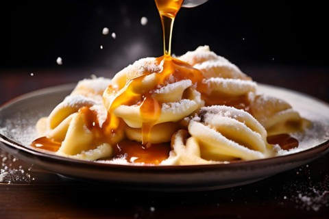 Dampfnudels coated in fine powdered sugar resting in a pool of creamy vanilla sauce, AI generated