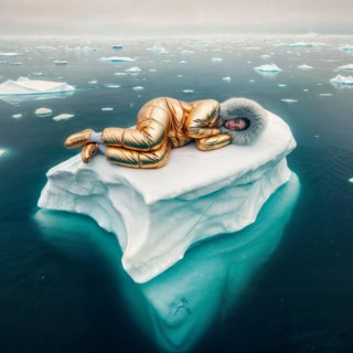 Woman in yellow golden puffer jacket lies on a block of ice alone in the middle of the ocean sea.