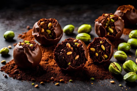 Vegan dark chocolate and almond truffles cocoa powder dusting nestled in crushed pistachios, AI