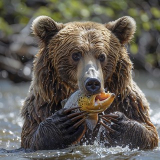 A brown bear hunts salmon in shallow clear water, AI generated
