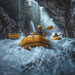 Whitewater riders ride boats through rapids, AI generated