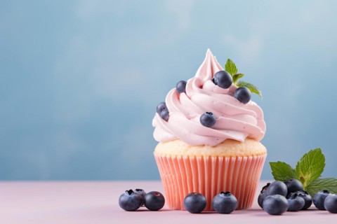 Single cupcake with frosting and blueberry fruits. KI generiert, generiert AI generated