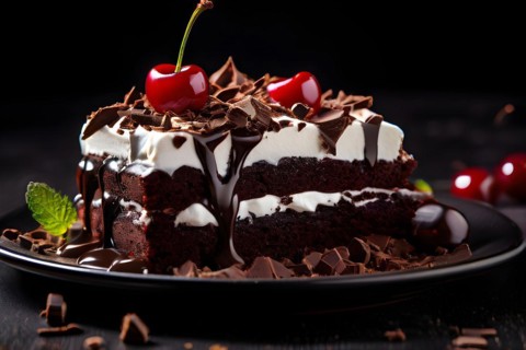 Black Forest gateau on a porcelain plate, AI generated, AI generated