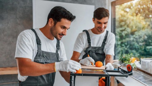 Ki generated, Two young men assemble furniture, DIY, wear gloves to protect hands from splinters
