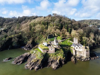 Dartmouth Castle over River Dart from a drone, Dartmouth, Kingswear, Devon, England, United