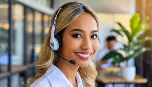 AI generated, An attractive woman works as a call centre agent