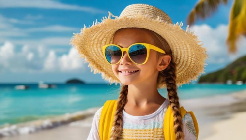 KI generated, An 8 year old blonde girl with sunglasses and a straw hat is on holiday on the beach