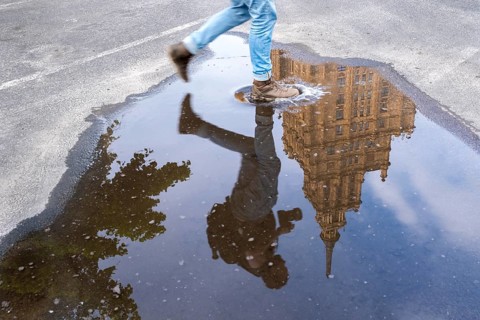 Riga. Latvian Academy of Science. Reflection in a puddle, Riga, Latvia, Europe