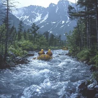 Whitewater riders ride boats through rapids, AI generated