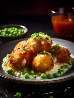 Crispy arancini risotto balls encasing molten mozzarella and green peas, AI generated