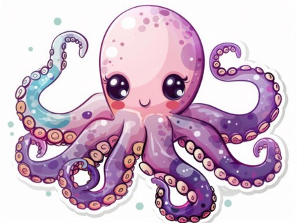 A cute pink cartoon octopus with sparkling eyes and tentacles, ai generated, AI generated
