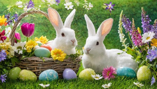 Ai generated, An Easter basket with coloured eggs in a meadow with colourful flowers, in the basket