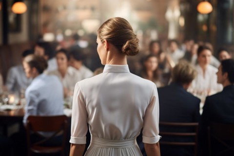 Back view of yong blond female waitress in luxurious restaurant with many guests. KI generiert,