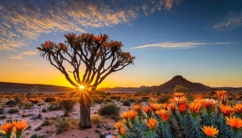 KI generated, Namibia, Namaqualand, blooming desert with camel thorn tree, Africa