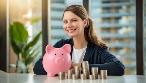 AI generated, A young woman, 20, 25, years, saves money and coins for the future, provision, nest