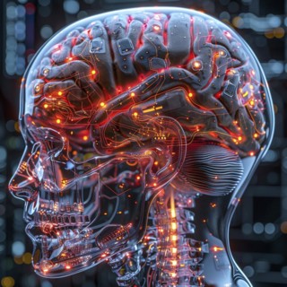 Medical a human head with brain and computer chip, symbol image KI in the human brain, ai