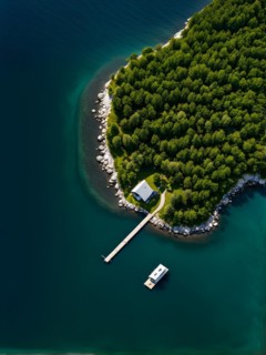 Drone view top down perspective of a minimalist cabin solitary on a secluded island, AI generated,