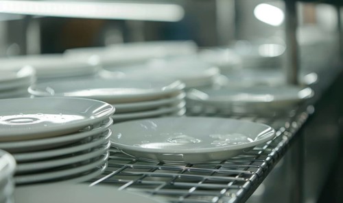 An array of glossy white dishes on metal shelves reflecting light in a kitchen AI generated