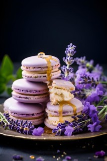Lavender honey ice cream sandwiched between french macarons fresh lavender sprigs adornment, AI
