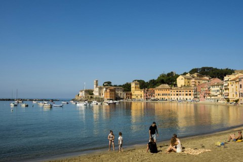 Village with beach and colourful houses by the sea, Baia del Silenzio, Sestri Levante, Province of