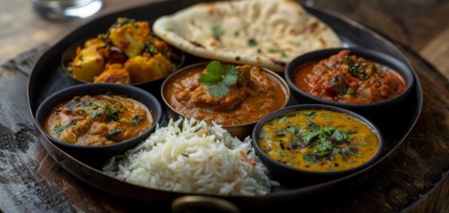 Diverse Indian food selection with curries, naan, and rice in bowls, ai generated, AI generated