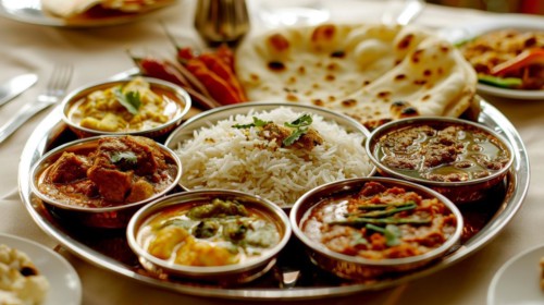 A traditional Indian thali with curries, rice, and naan bread, ready for dinner, ai generated, AI