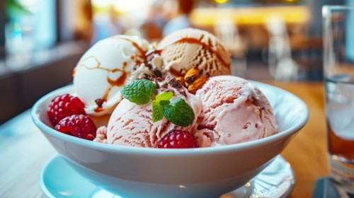 Scoops of raspberry, vanilla, and chocolate ice cream with berries and mint, ai generated, AI