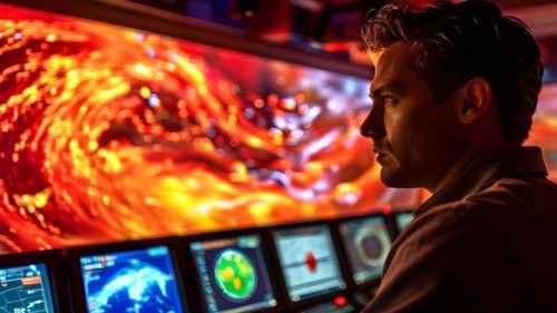 Meteorologist immersed in analyzing hurricane trajectories on a mosaic of digital screens, AI