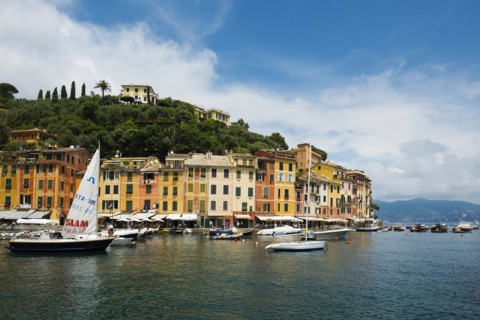 Village with colourful houses and harbour by the sea, Portofino, Province of Genoa, Liguria, Italy,