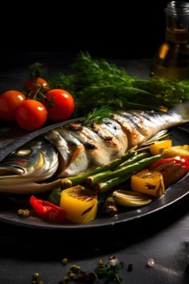 Branzino fish grilled glistening with oils side of lemon herb dressing, AI generated